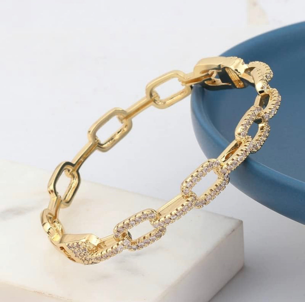 CZ Pave Link Eternity Hinged Bangle - 18K Gold Plated