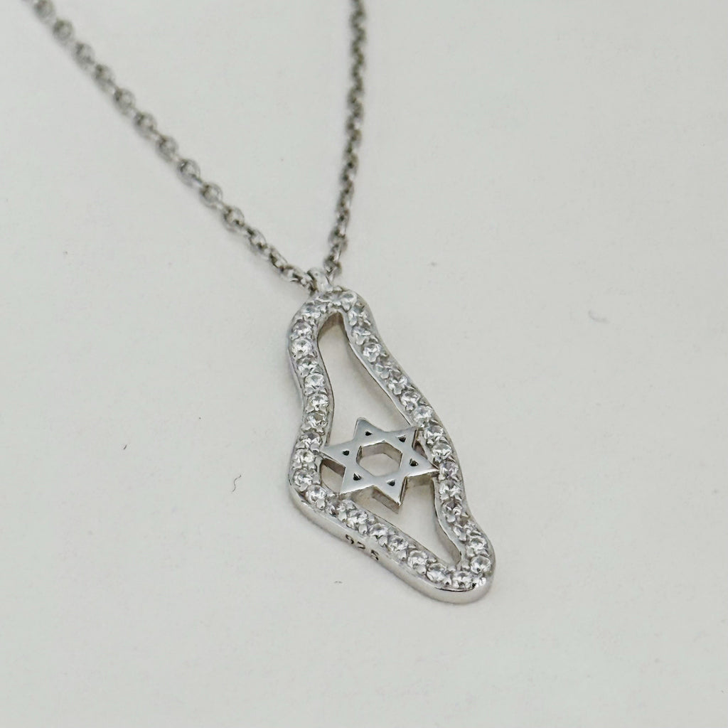 Sterling Silver CZ Israel Map Necklace - Gold and Silver
