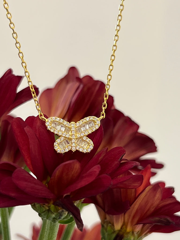 Sterling Silver CZ Butterfly Necklace - Gold or Silver