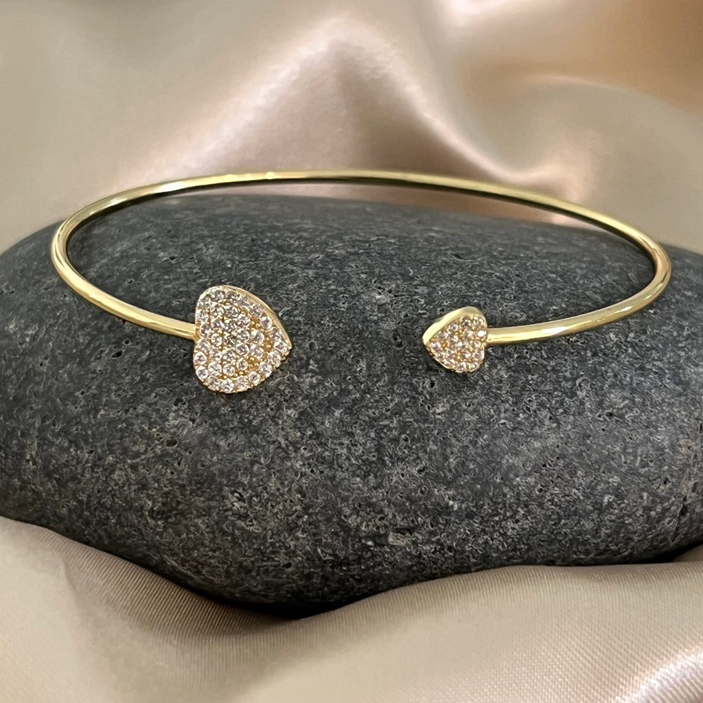 925 Sterling Silver Cuff Bracelet with CZ Hearts - Gold