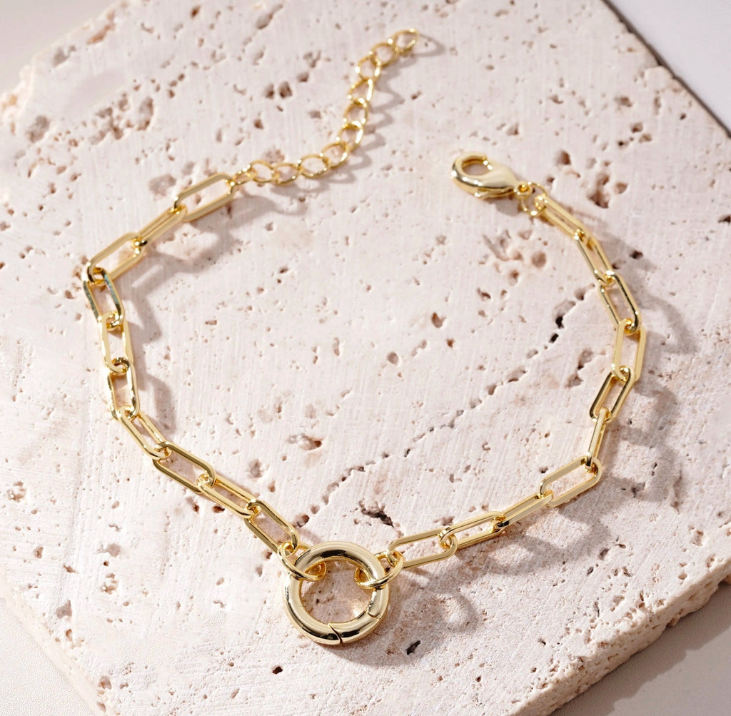 CZ Heart Push Front Clasp Paperclip Chain Bracelet - Gold