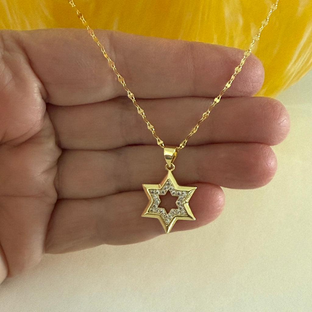 CZ Star of David Charm Necklace - Gold