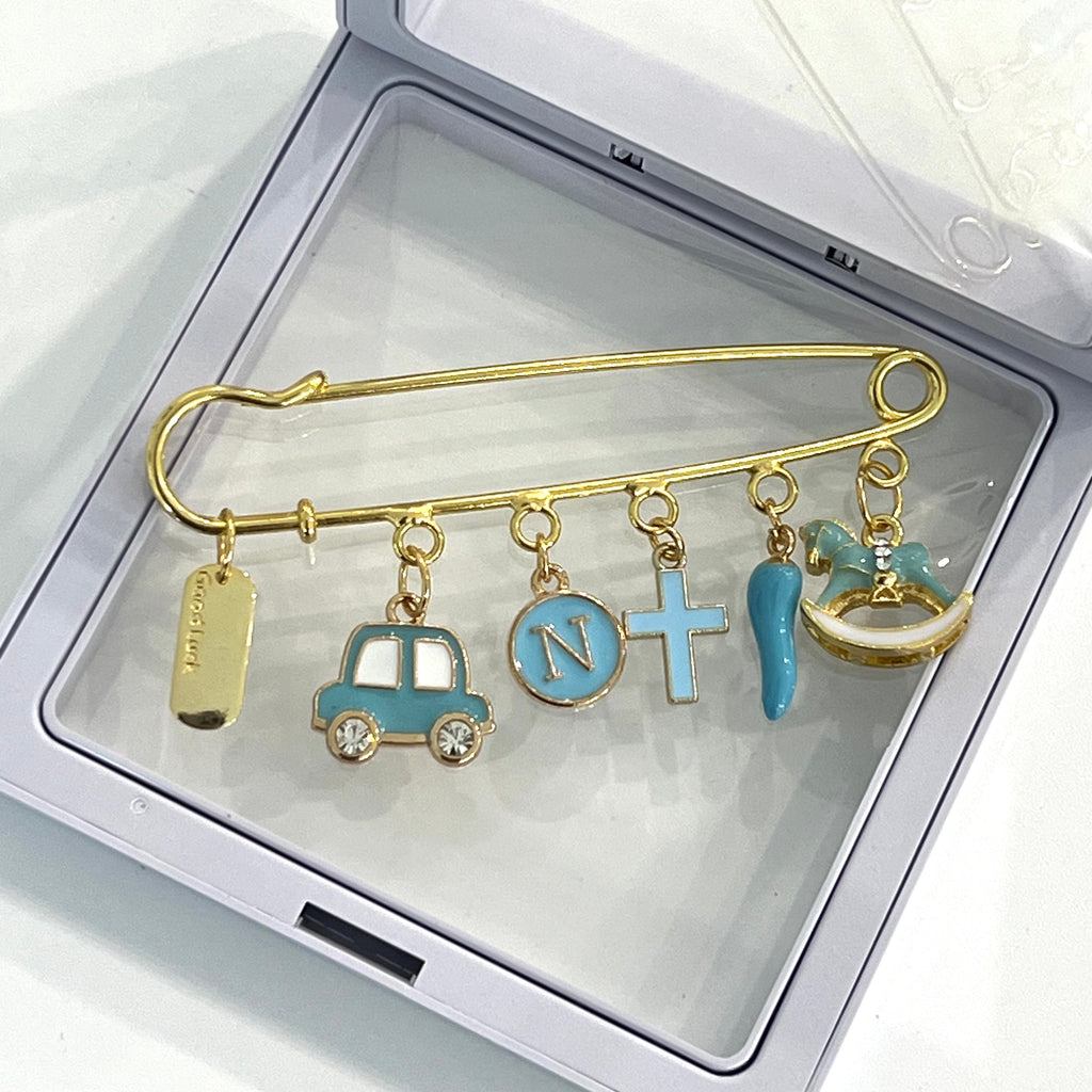 Personalized 8 CM Plain Baby Pin With Good Luck Charm - Gold