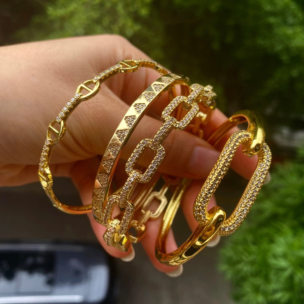 CZ Pave Link Eternity Hinged Bangle - 18K Gold Plated