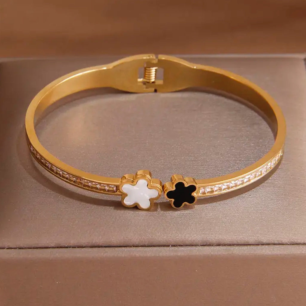 CZ Two Flower Bangle Bracelet - Gold