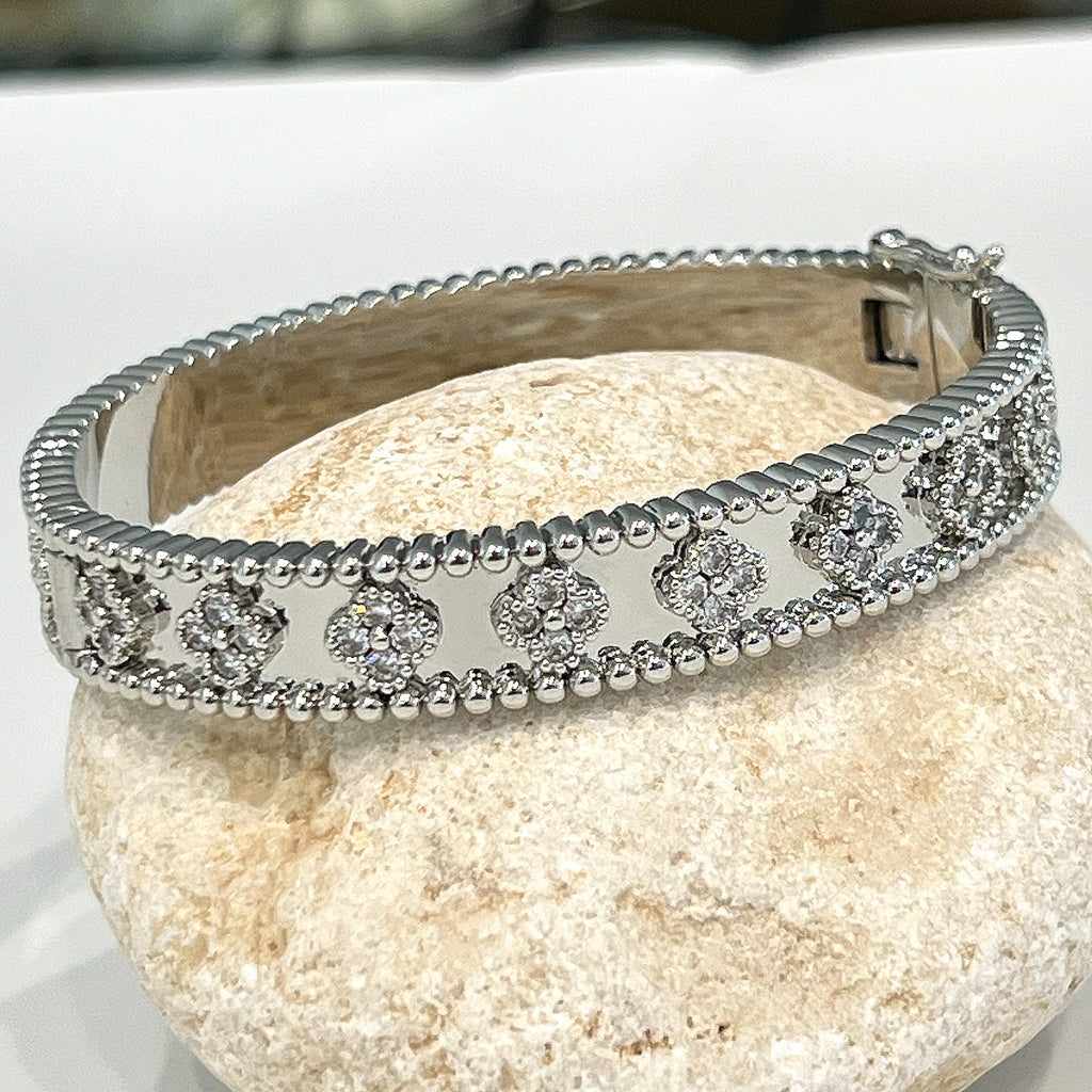 Fancy CZ Clover Bangle Bracelet - Gold or Silver