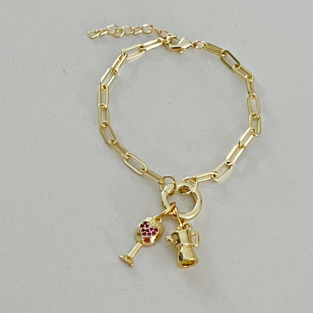 Coffee Now, Wine Later Charms Bracelet- Gold