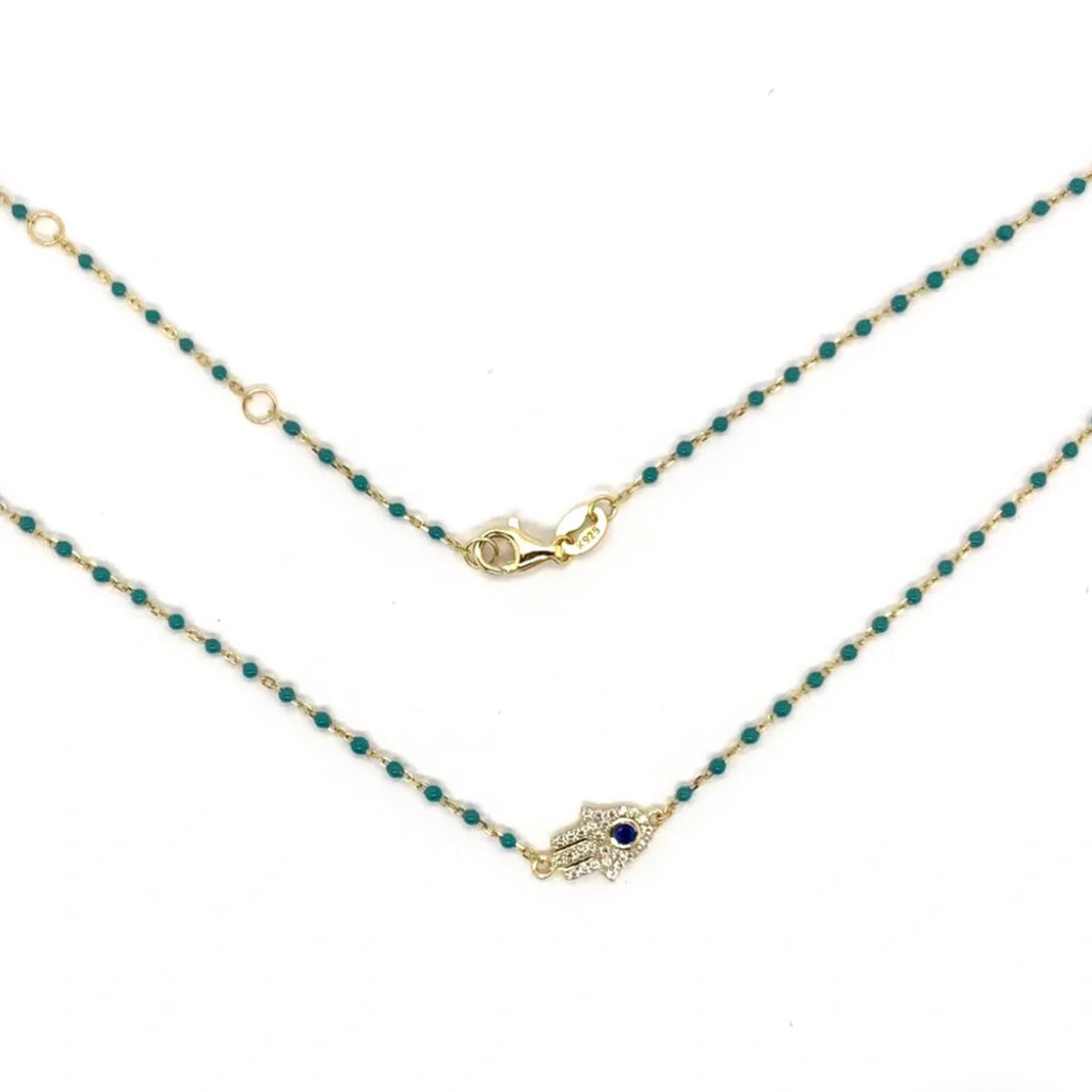 Sterling Silver Gold Plated CZ Hamsa Beaded Necklace