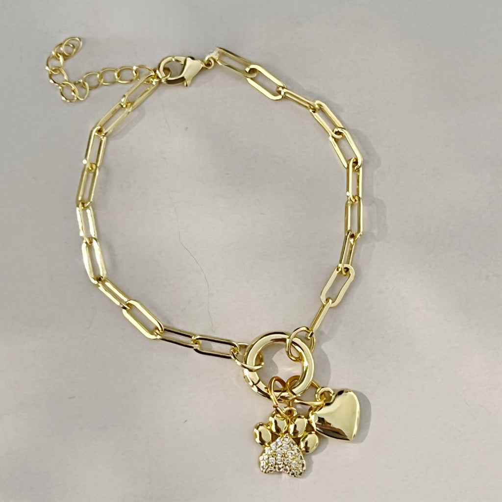 CZ Paw/Heart Push Front Clasp Paperclip Chain Bracelet - Gold