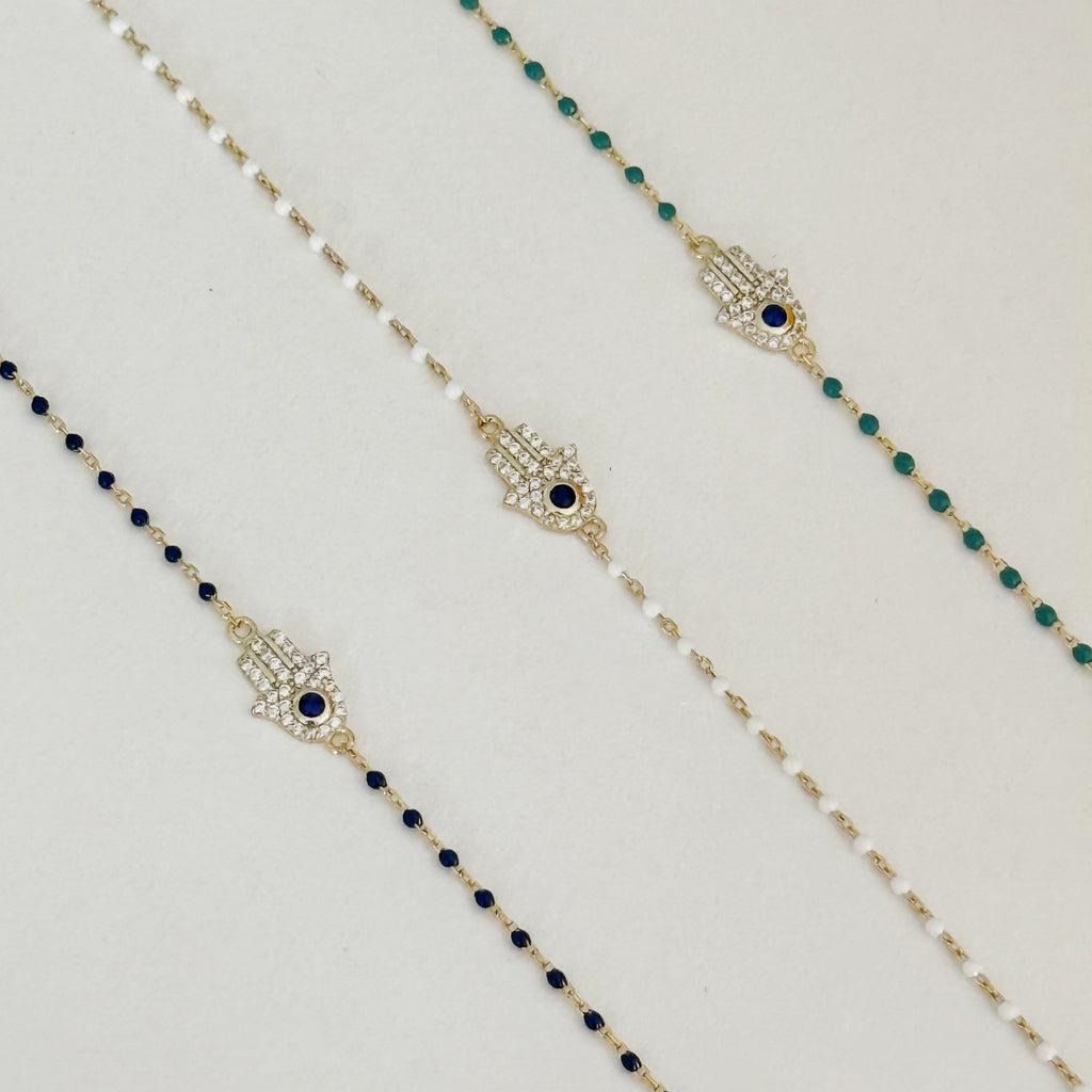 Sterling Silver Gold Plated CZ Hamsa Beaded Necklace