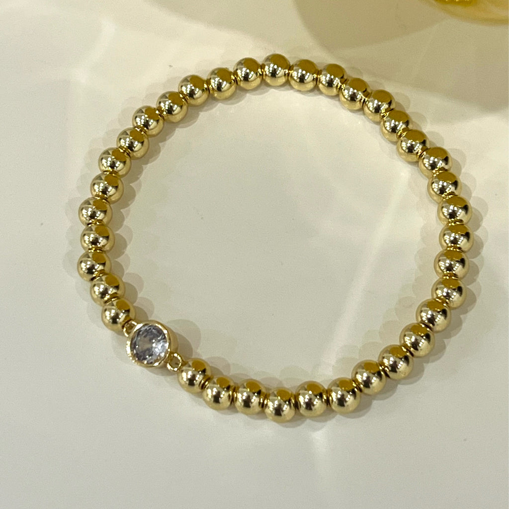 CZ Charm Stretch 5 mm Beaded Bracelet - 14k Gold Plated