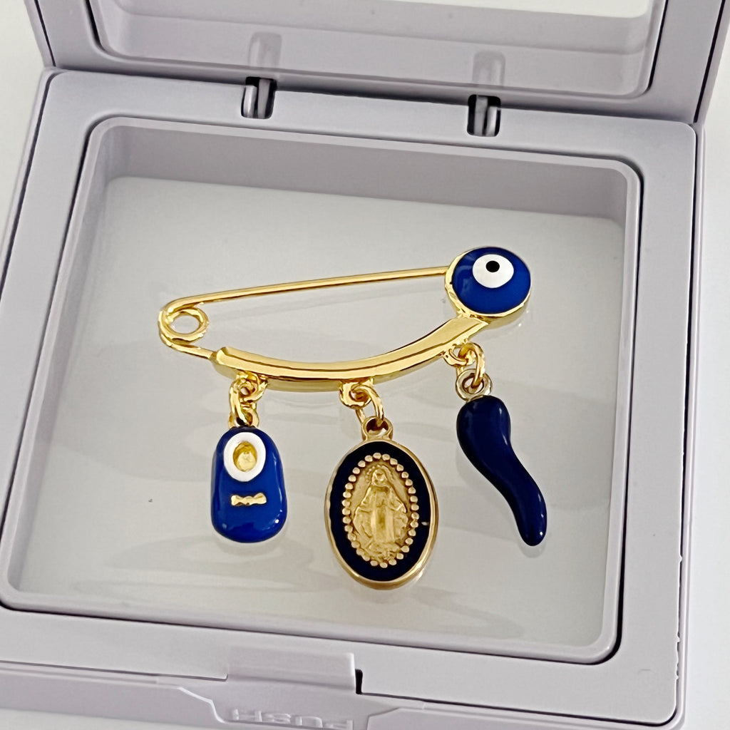 3.8 CM  Blue Enamel Evil Eye Pin For Babies With Virgin Mary Charm - Gold