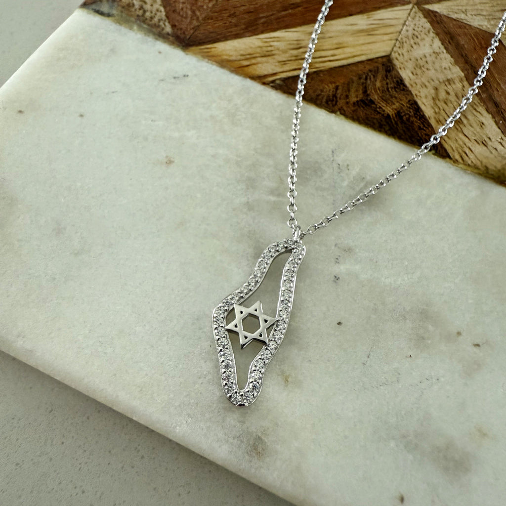 Sterling Silver CZ Israel Map Necklace - Gold and Silver
