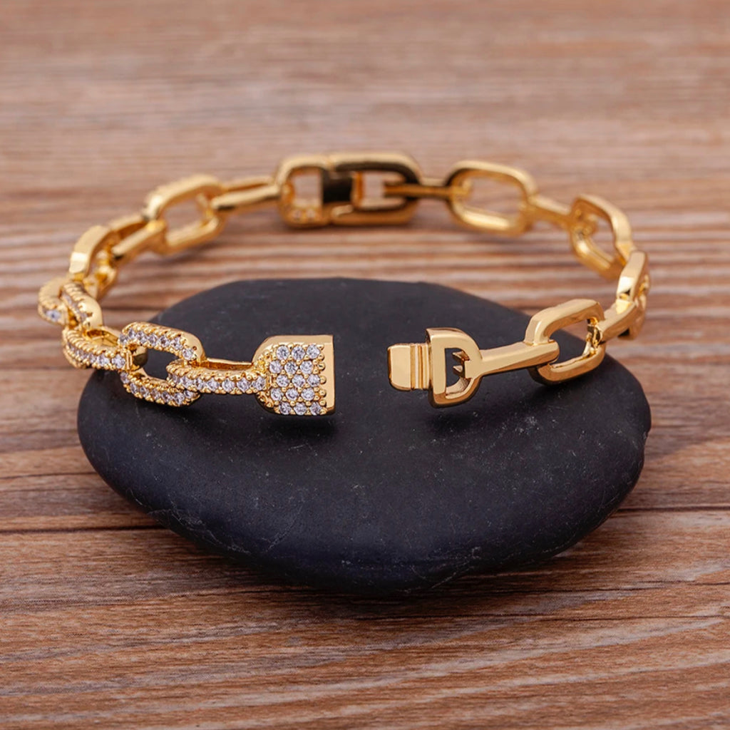 CZ Pave Link Eternity Hinged Bangle - 18K Gold Plated