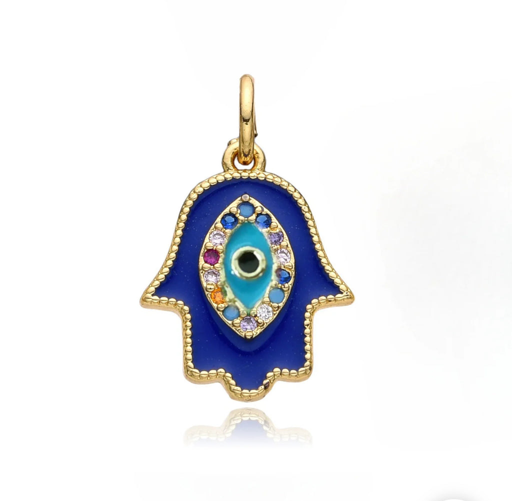 CZ Enamel Evil Eye/Hamsa Charm - Gold