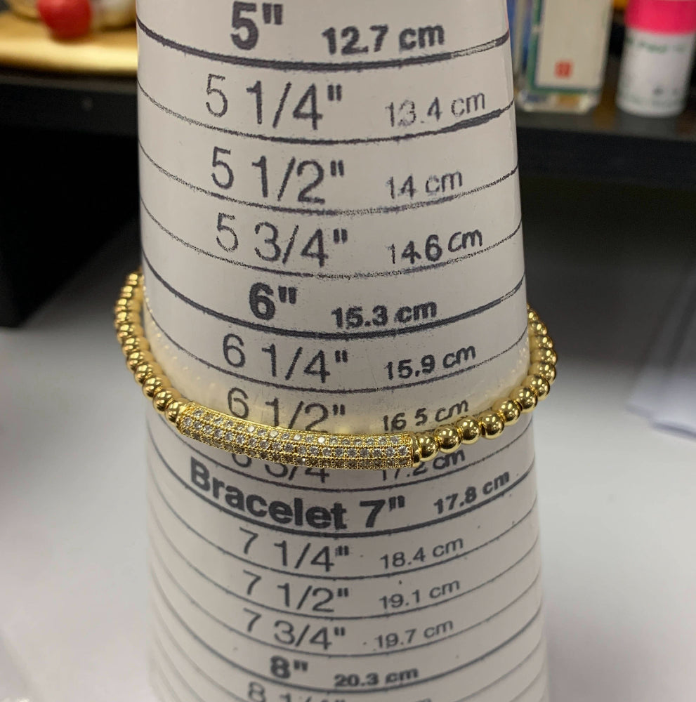 CZ Bar Beaded Stretch Bracelet - 18K Gold Plated