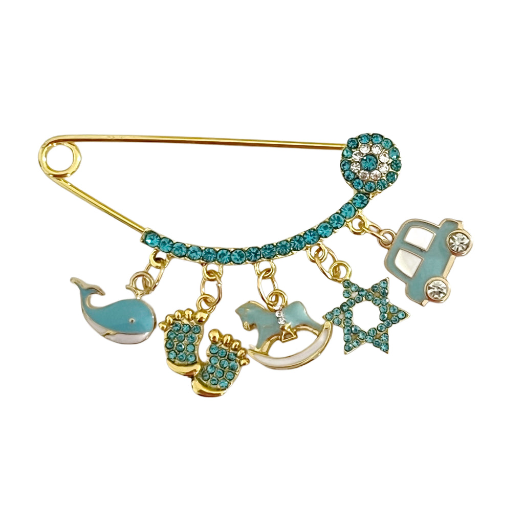 6.7 CM Light Blue Evil Eye Baby Pin With Star of David Charm - Gold