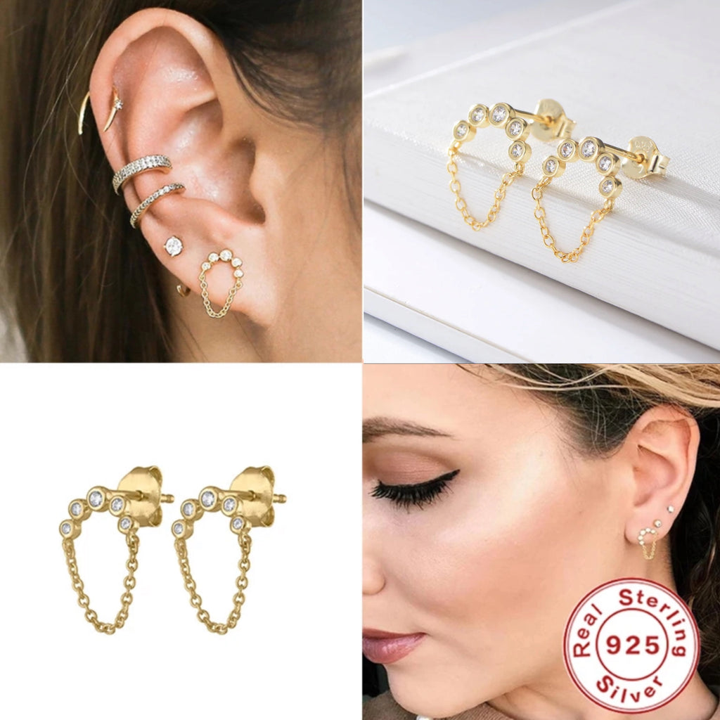 CZ Dangle Chain Studs Earrings - Gold.