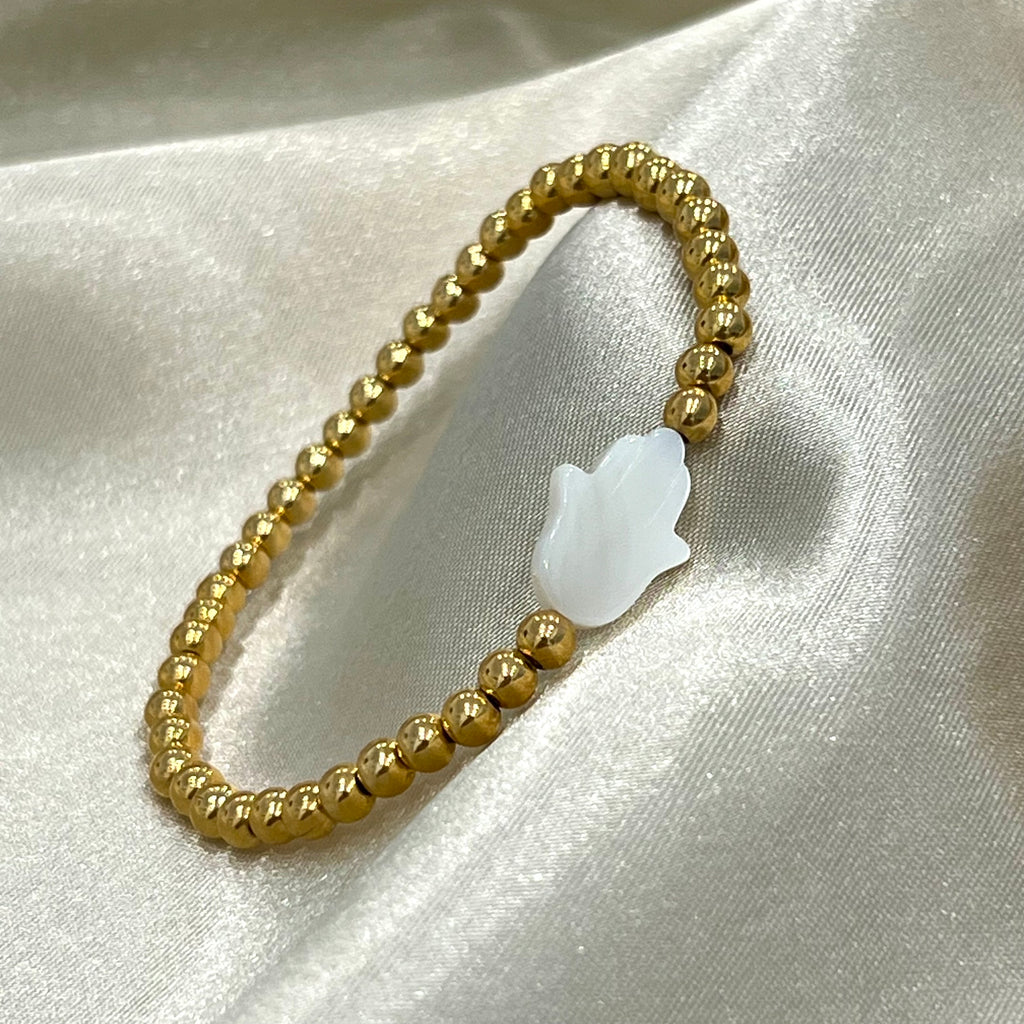 Stretch Beaded MOP Hamsa Bracelet - 18K Gold Plated