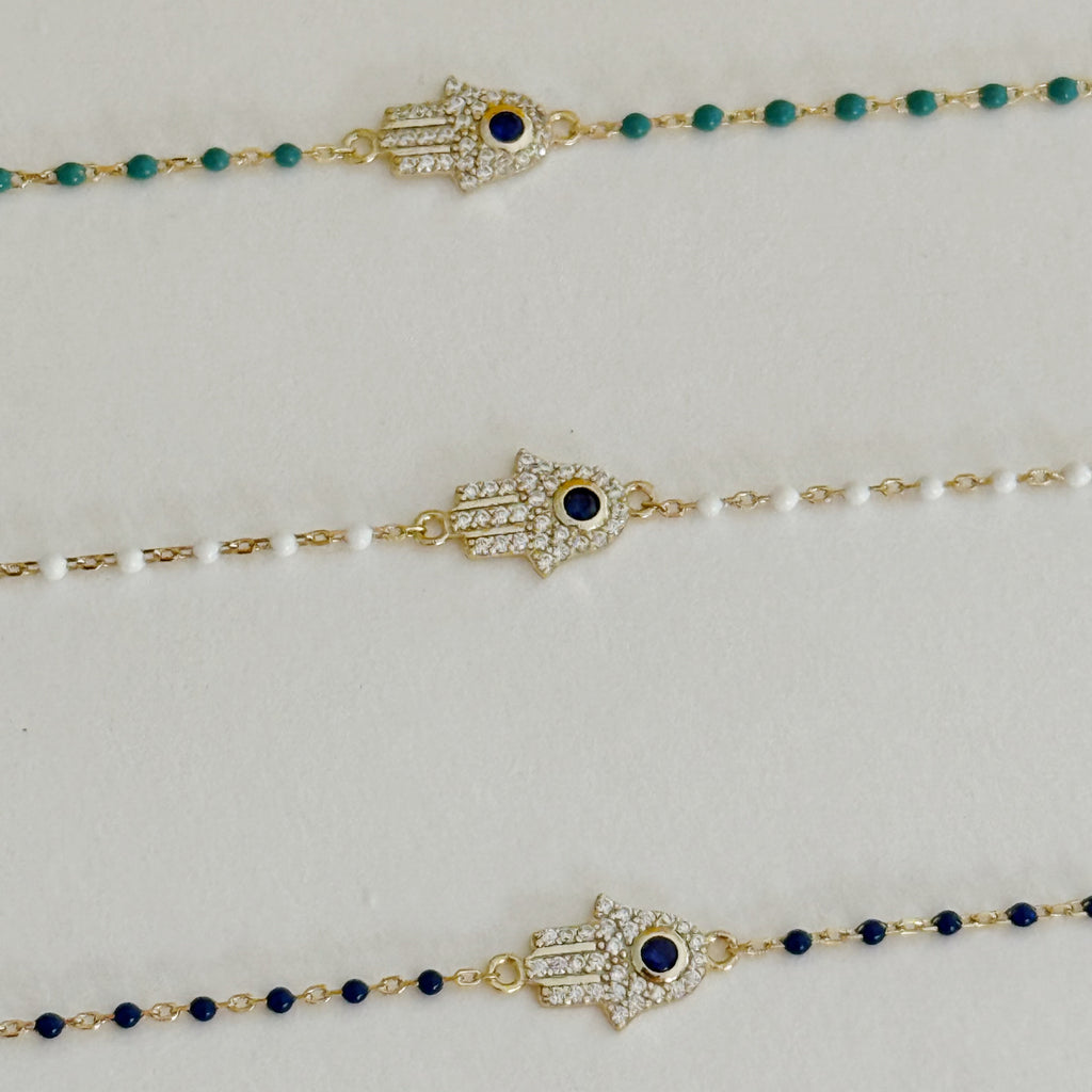 Sterling Silver Gold Plated CZ Hamsa Beaded Necklace