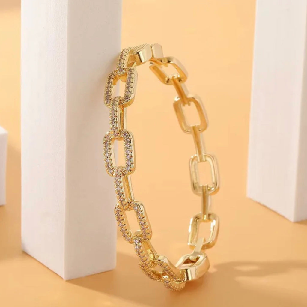 CZ Pave Link Eternity Hinged Bangle - 18K Gold Plated