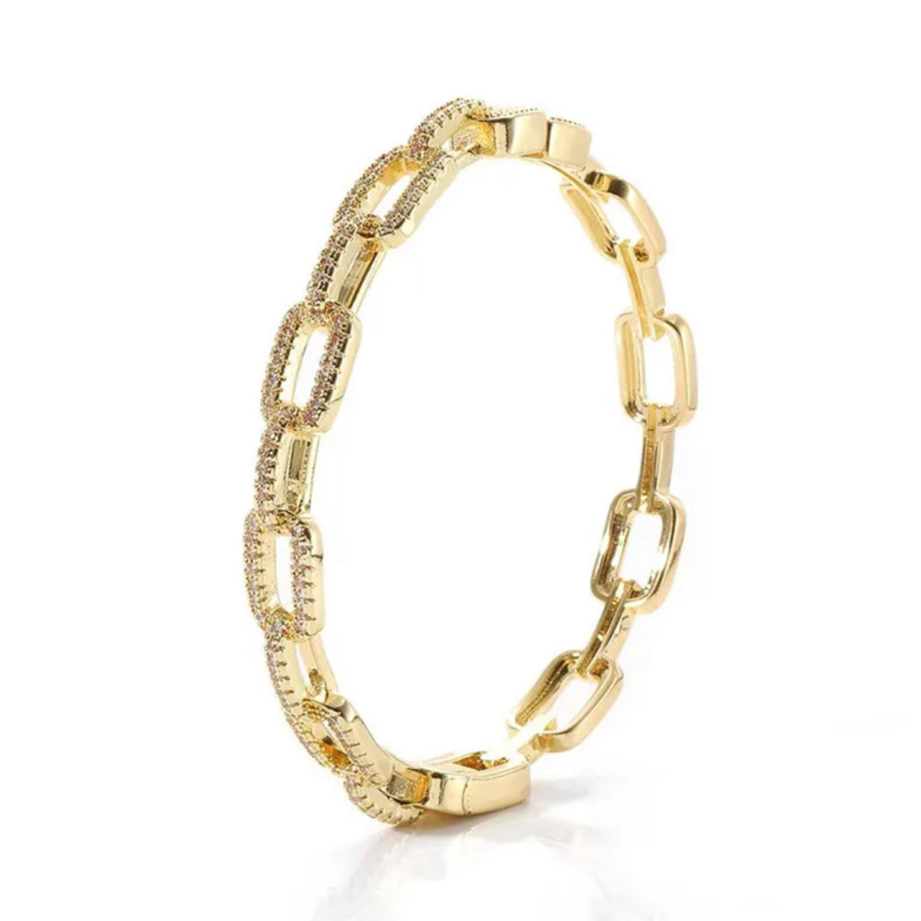 CZ Pave Link Eternity Hinged Bangle - 18K Gold Plated