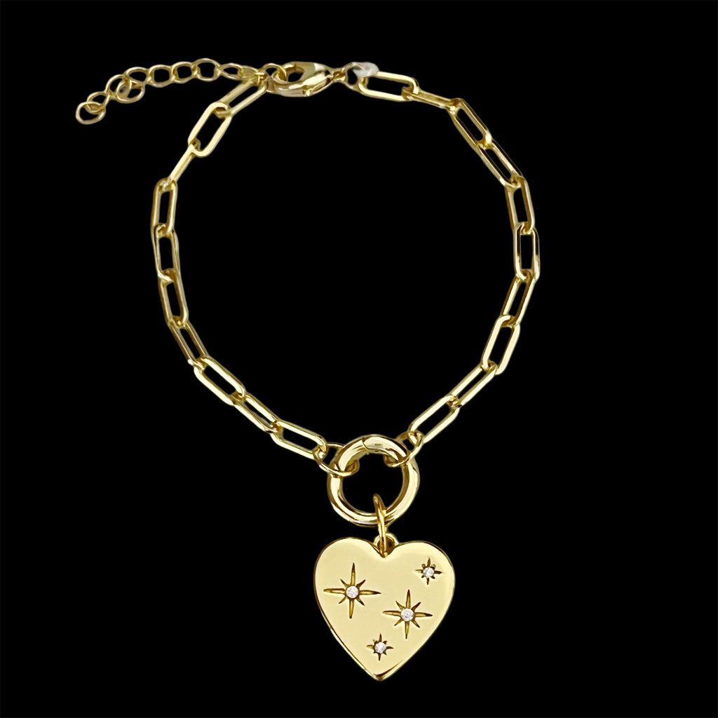 CZ Heart Push Front Clasp Paperclip Chain Bracelet - Gold