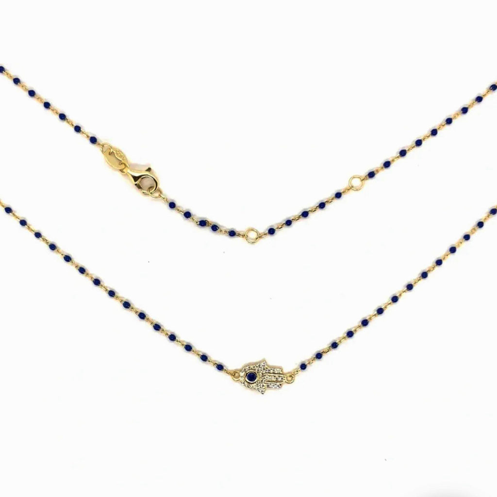 Sterling Silver Gold Plated CZ Hamsa Beaded Necklace