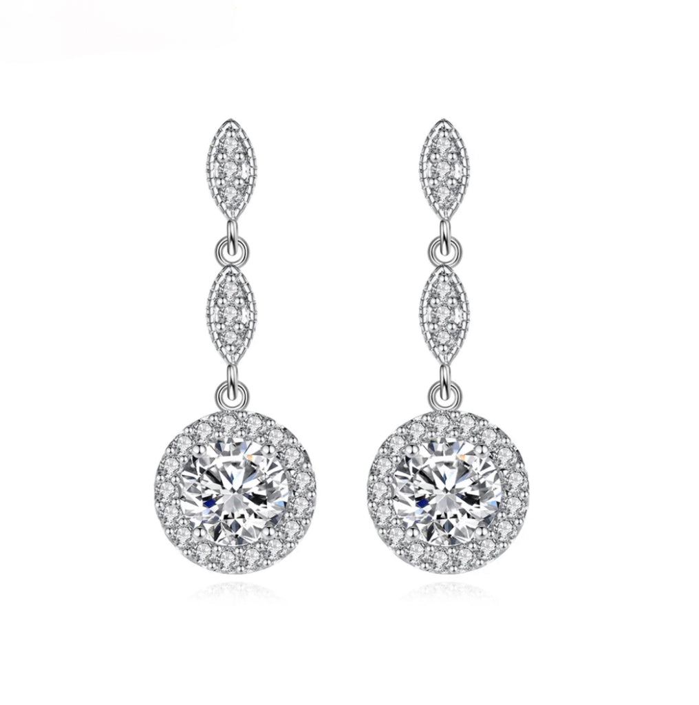 CZ Round Drop Stud Earrings - Silver