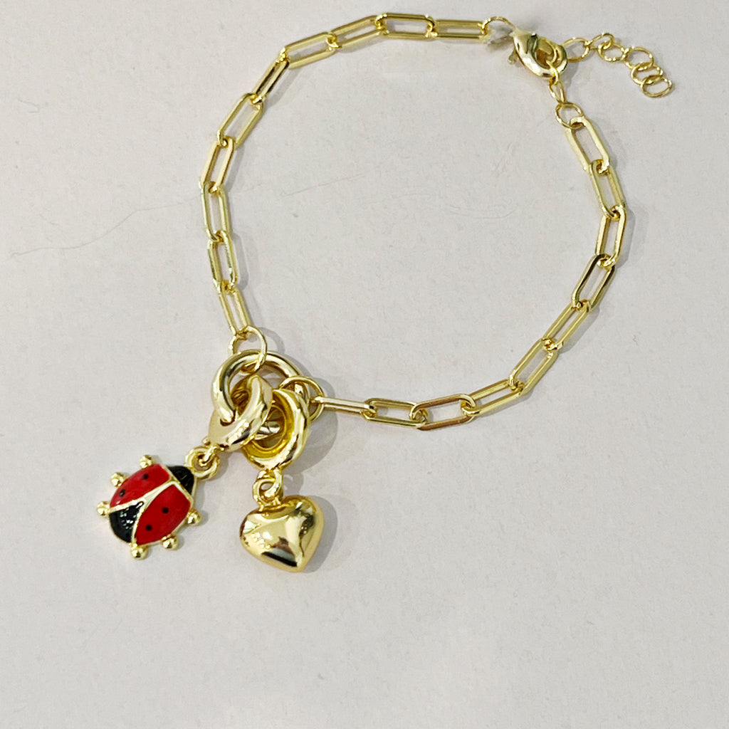 Enamel Ladybug/Heart Push Front Clasp Paperclip Chain Bracelet - Gold