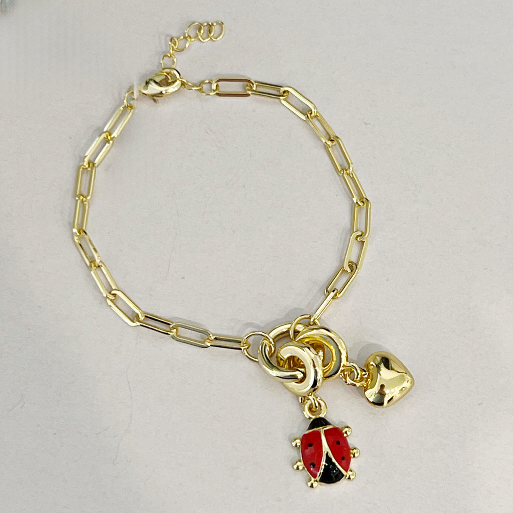 Enamel Ladybug/Heart Push Front Clasp Paperclip Chain Bracelet - Gold