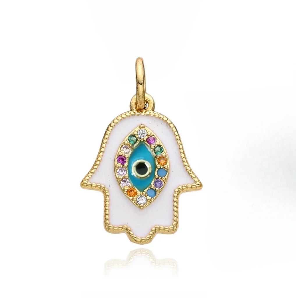 CZ Enamel Evil Eye/Hamsa Charm - Gold