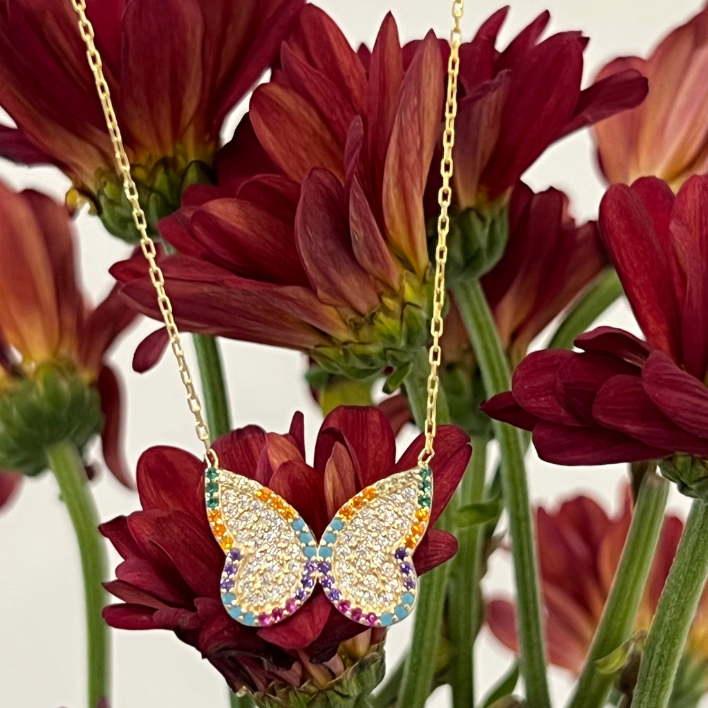CZ Butterfly Trimmed in Multicolor Necklace - Gold