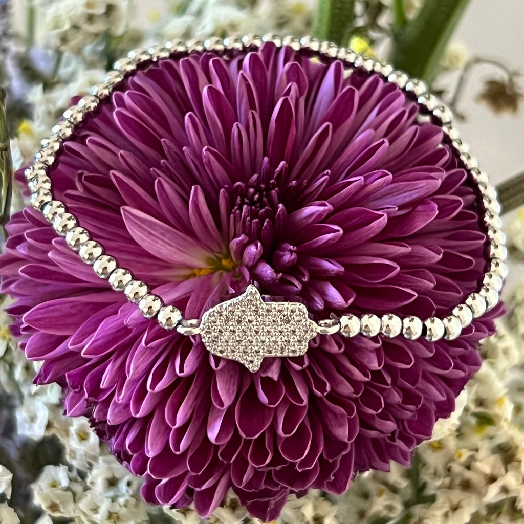Stretch Beaded Hamsa Bracelet - Silver