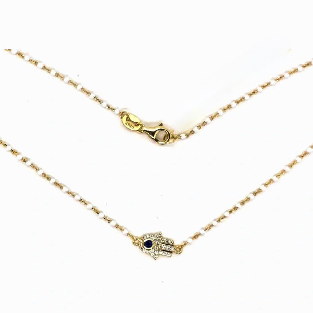 Sterling Silver Gold Plated CZ Hamsa Beaded Necklace