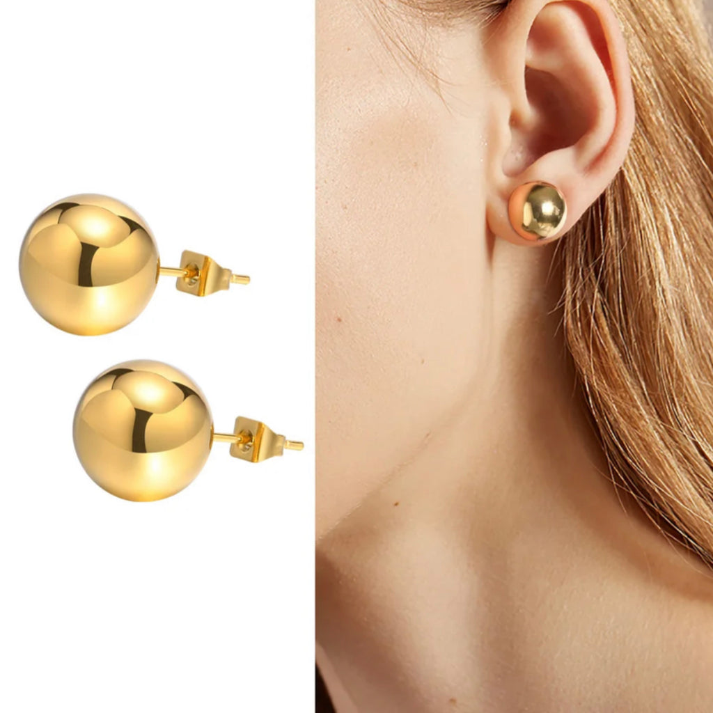 12 mm Stainless Steel Ball Stud Earrings - 18K Gold Plated