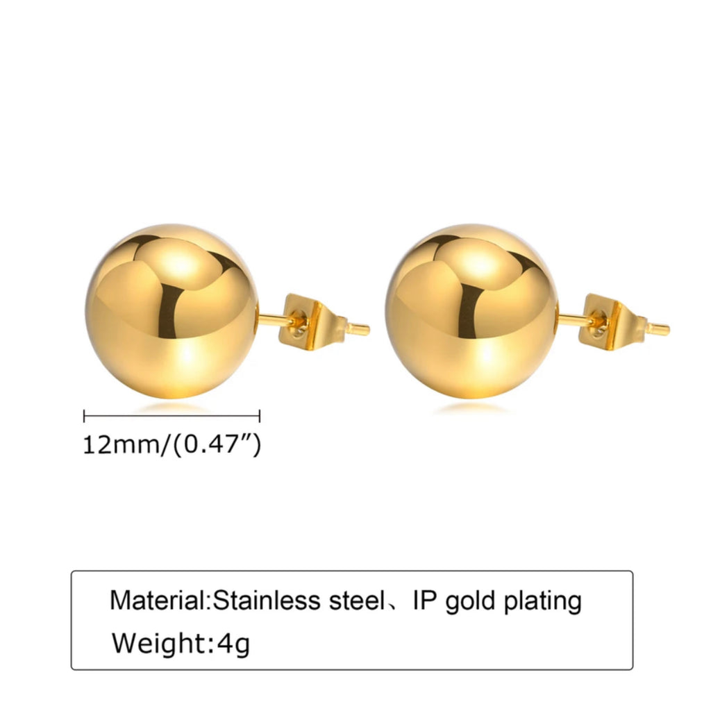 12 mm Stainless Steel Ball Stud Earrings - 18K Gold Plated