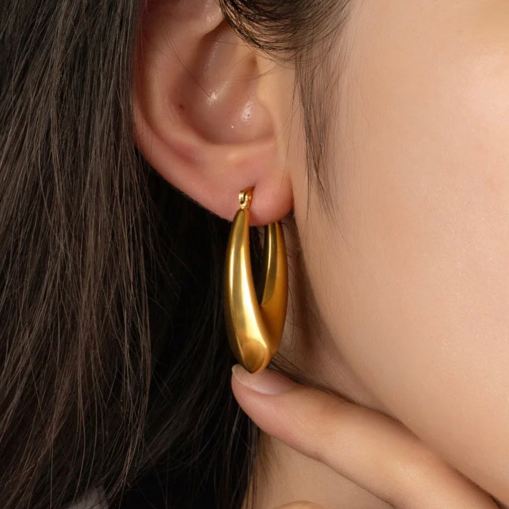 Stainless Steel Oval Hollow  Earrings - 18K Gold Plated