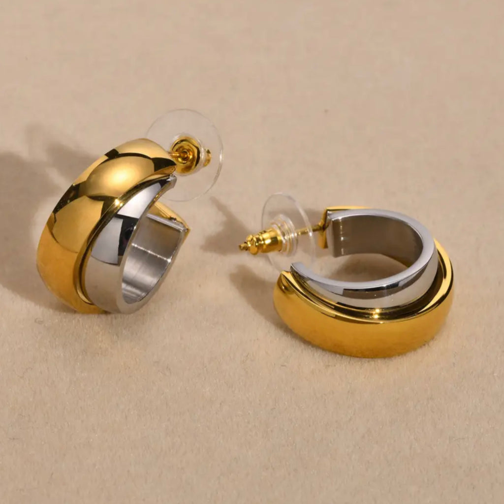 Two Tones C Shaped Hoop Earrings - 18K Gold and Silver Plated.