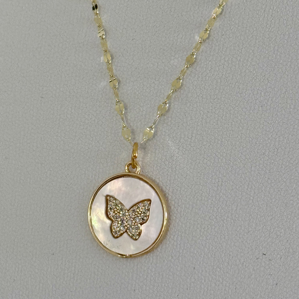 MOP/CZ Butterfly Pendant Necklace - Gold