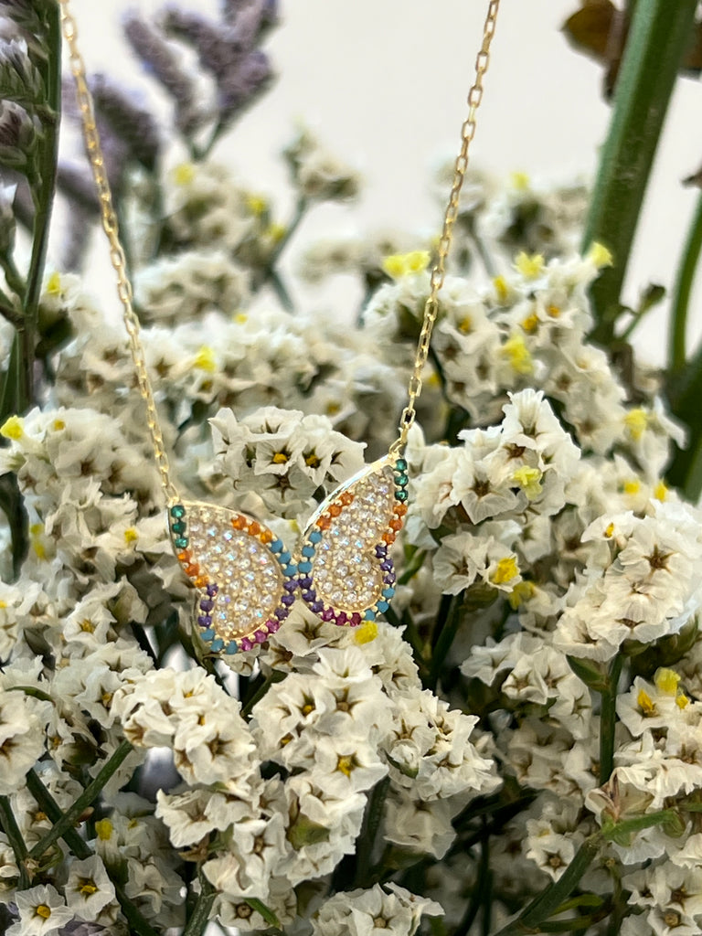 CZ Butterfly Trimmed in Multicolor Necklace - Gold