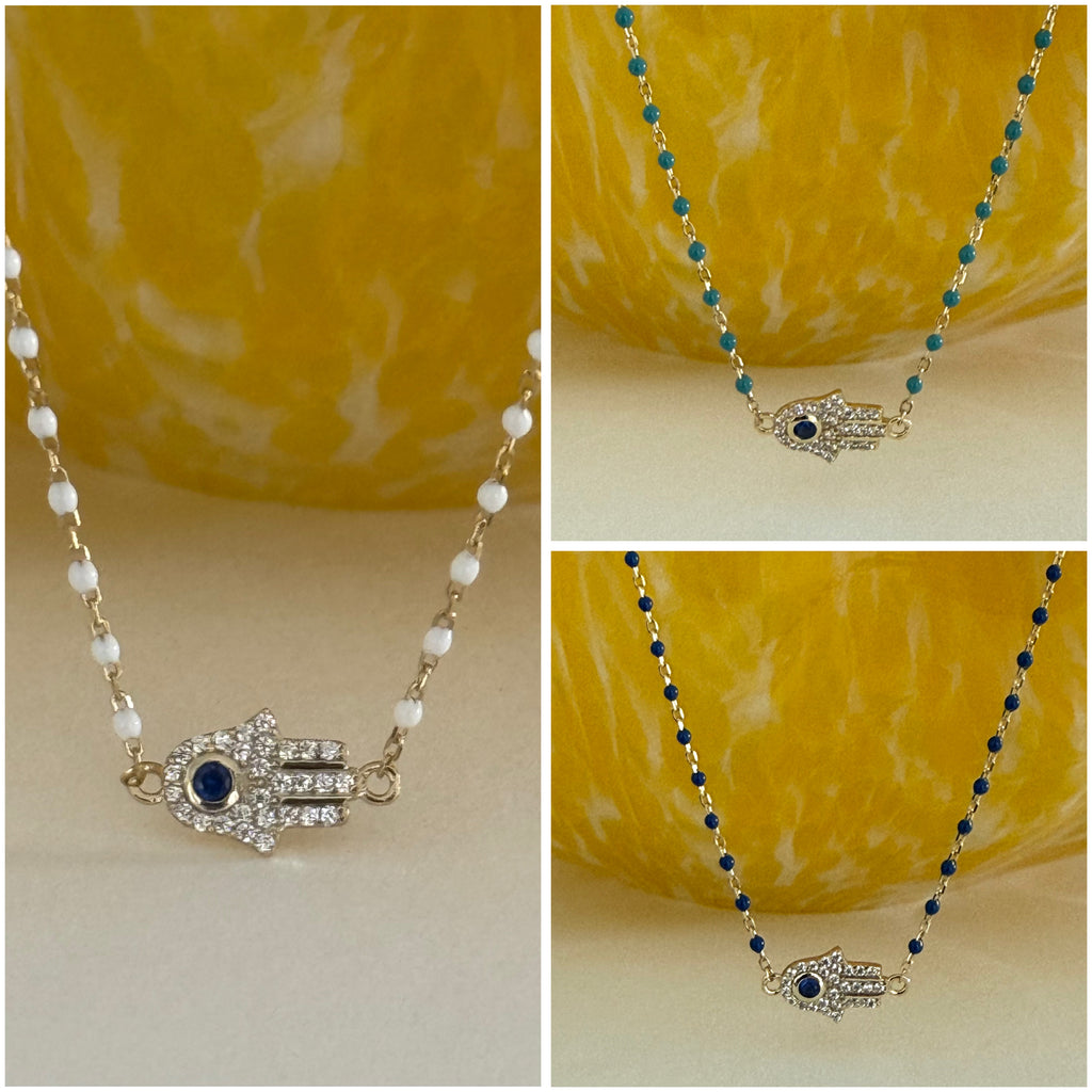 Sterling Silver Gold Plated CZ Hamsa Beaded Necklace