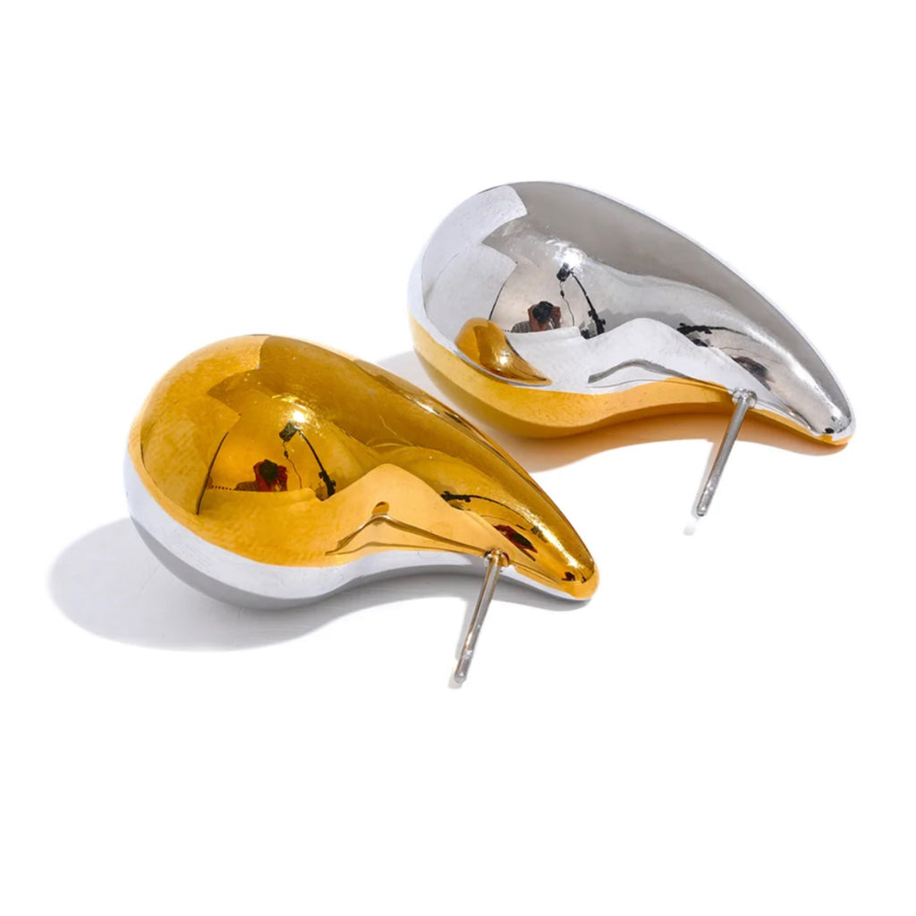32 mm Stainless Steel Drop  Two Tone Chunky Stud Earrings - 18K Gold Plated