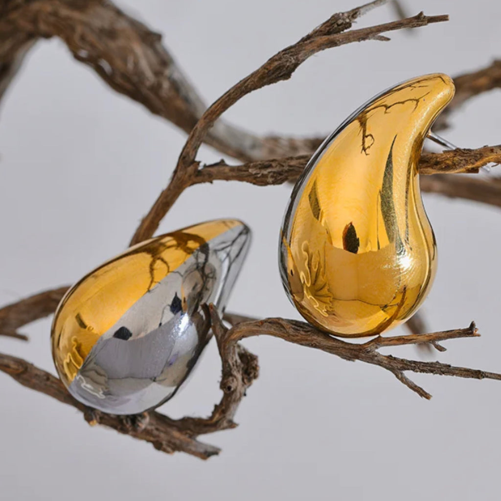 32 mm Stainless Steel Drop  Two Tone Chunky Stud Earrings - 18K Gold Plated