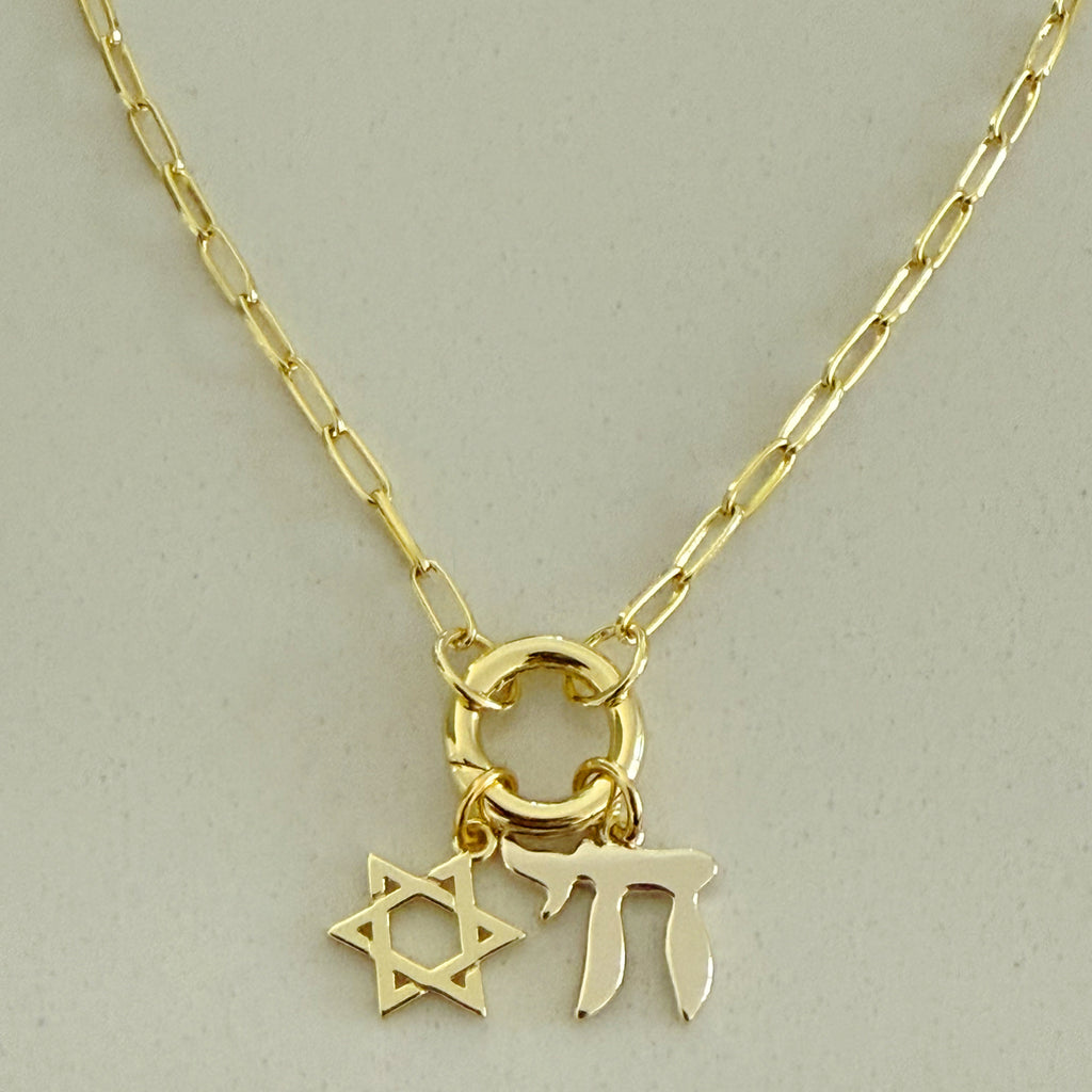 Chai & Star of David Paperclip Chain Necklace – Push Front Clasp