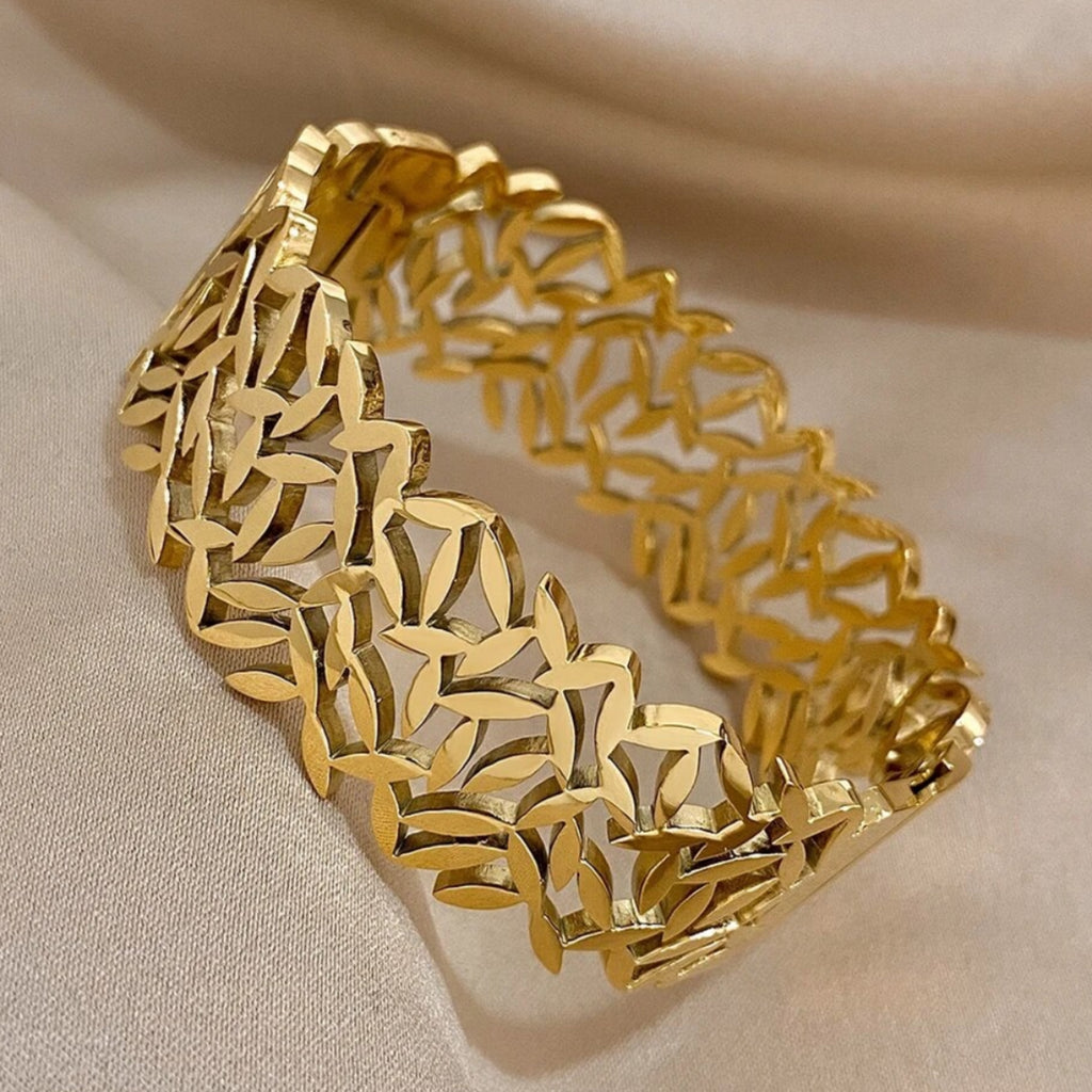 Chunky Leaf Wide Bangle Bracelet - Gold or Silver