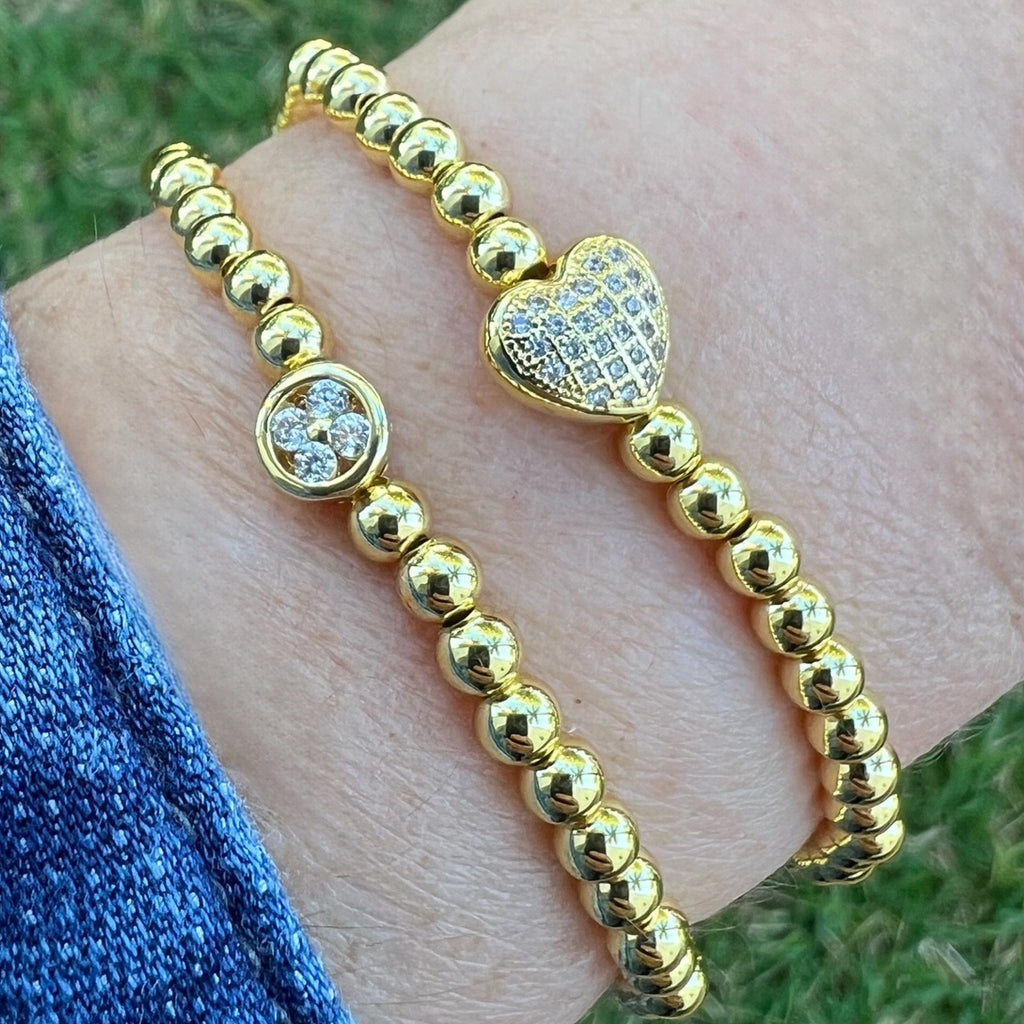Small CZ Clover Stretch Bracelet - Gold