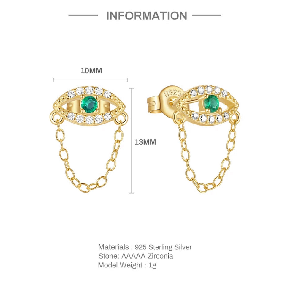 CZ Green Evil Eye Chain Stud Earrings - Gold