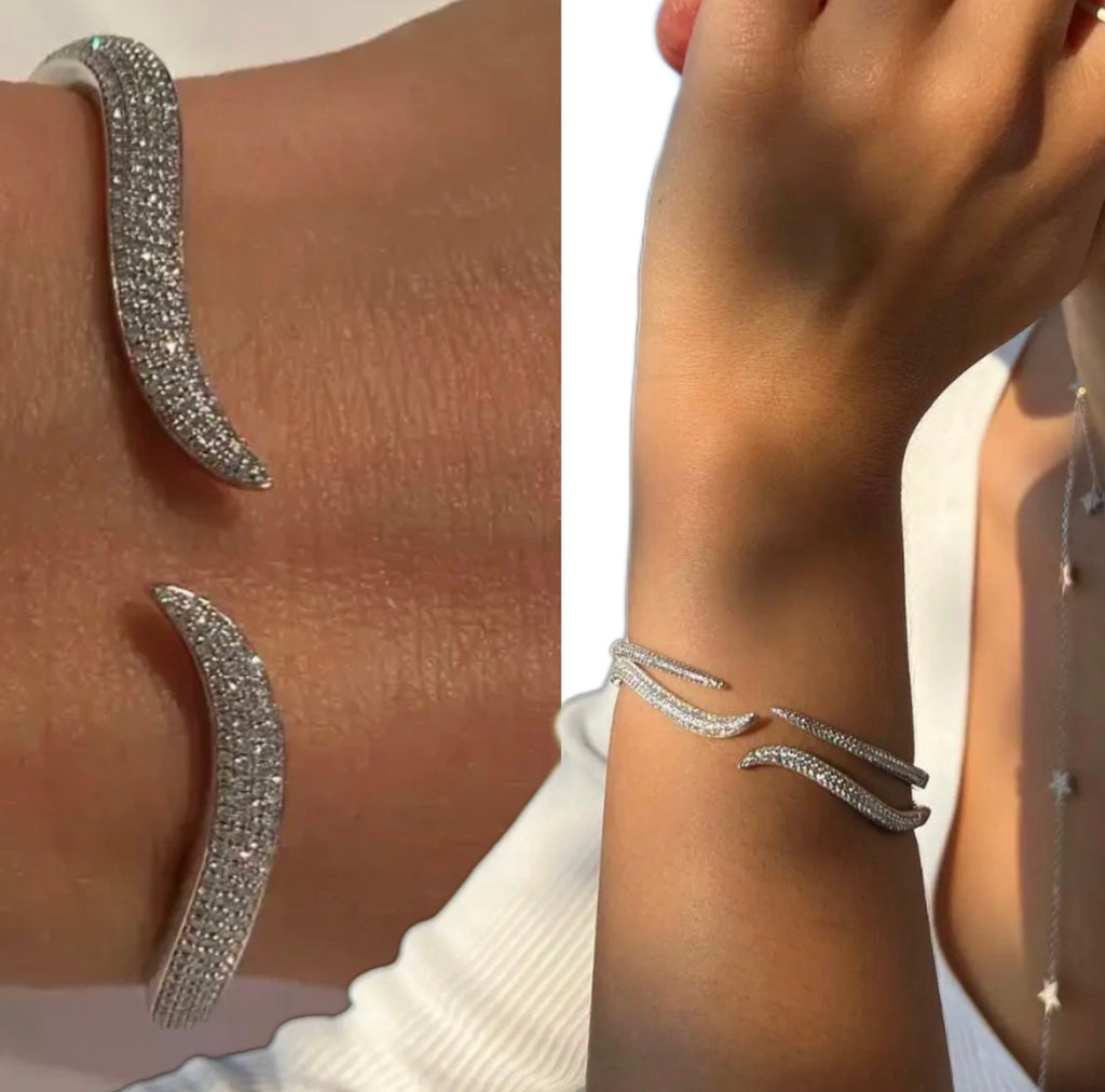 For Small Wrist 18k Gold Plated CZ Tail Shape Bangle Bracelet- Silver and Gold