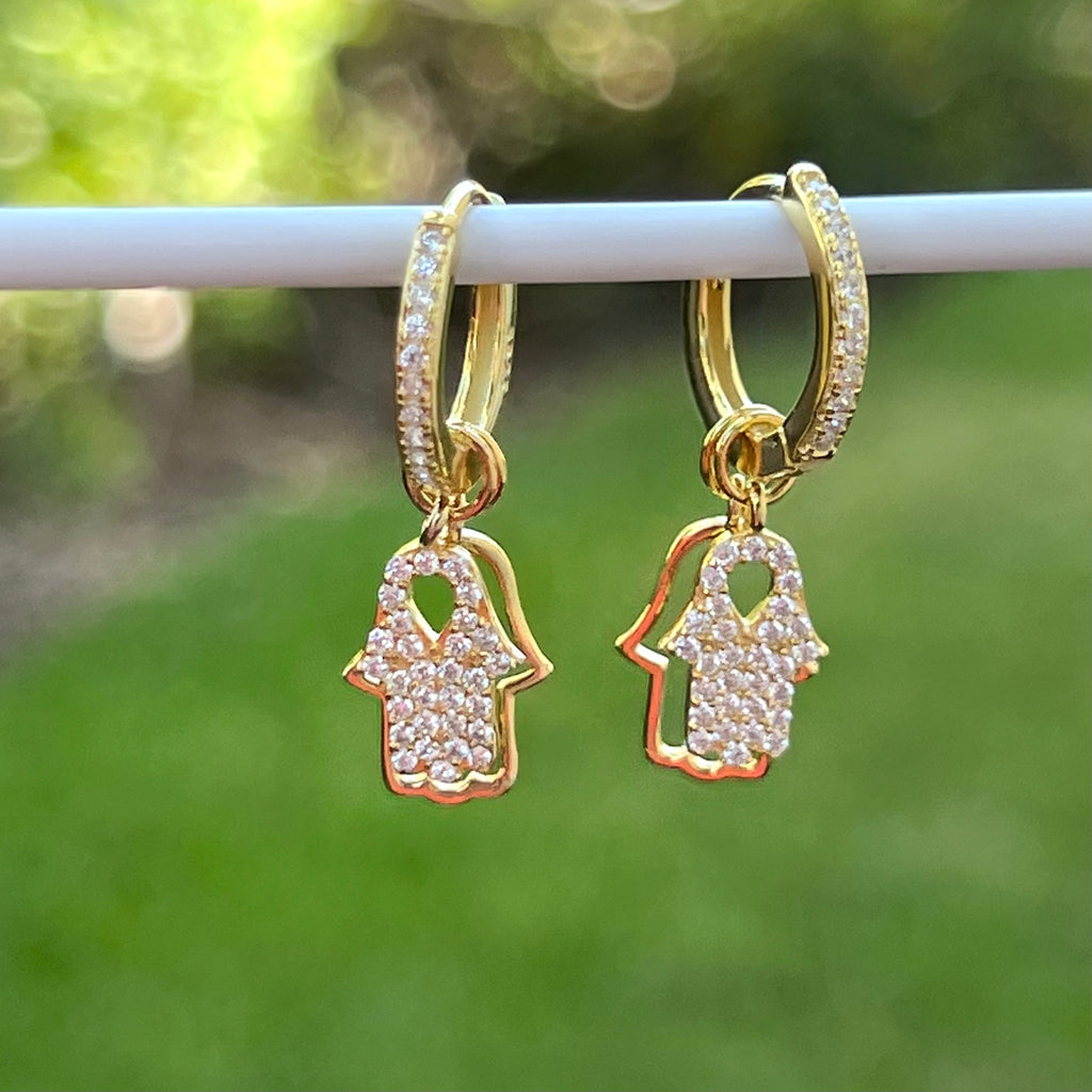 925 Sterling Double Hamsa CZ Huggie Hoops Earrings - Gold or Silver